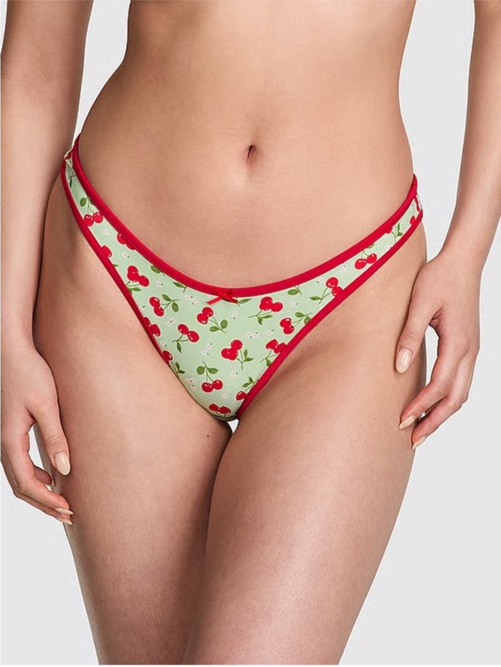 Victoria’s Secret Cherry-Print Bikini Bottoms in Light Green and Red